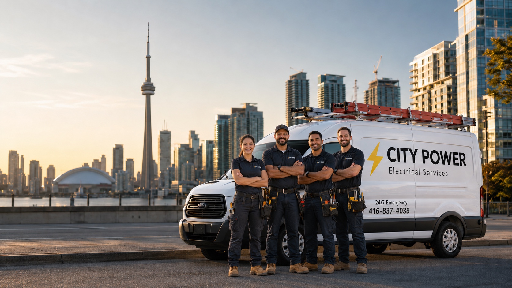 The City Power Electrical team beside their service van with the Toronto skyline behind them