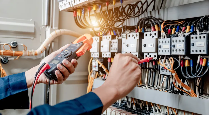 Electrician testing a live panel with a multimeter